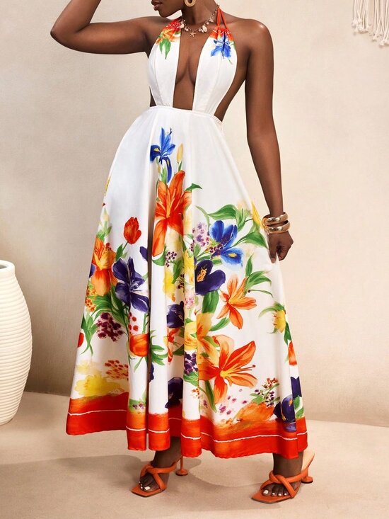 White Sexy Women's Plant-Print Suspender Wrap Dress - Picture 3 of 7